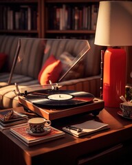 Obraz premium Vinyl record spins on turntable in cozy living room. Bookshelves and sofa create a relaxing atmosphere