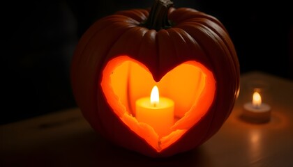 Heart-Shaped Pumpkin Lantern with Candlelight &ndash; Cozy Halloween and Fall Decor