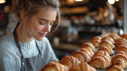 Artisan baker prepares fresh croissants in urban bakery cozy food photography close-up
