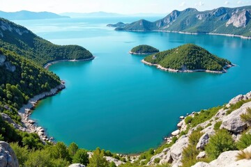 Fototapeta premium Irregular shaped lake with rocky shoreline and scattered islands, trees, rocks, natural
