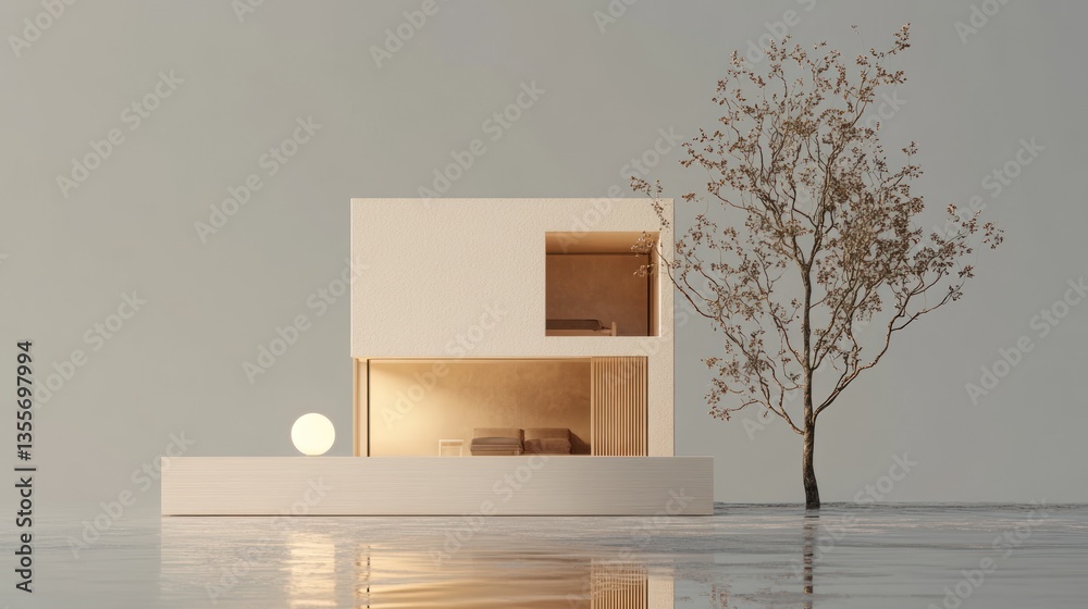 Poster minimalist modern house design with tree reflection in water.