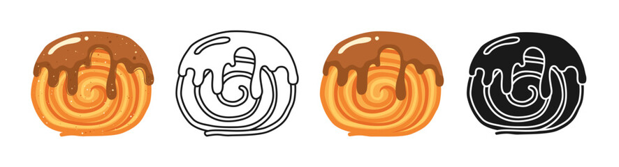 Round croissant with chocolate cream glaze. Italian or French trendy bun bakery different styles outline silhouette drawn cartoon set. For bakery branding, menu recipe book pastries textured vector