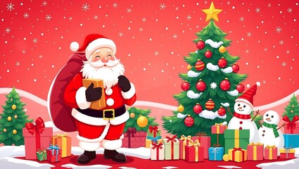 Santa Claus with Gifts, Christmas Celebration Scene, Festive Holiday Illustration, Merry Christmas Vector - Santa with Presents and Holiday Decorations, Christmas Cheer Santa Claus Holding Background