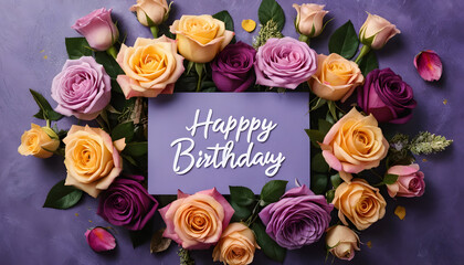  flat lay image featuring an arrangement of colorful roses and other flowers surrounding a purple card that reads 'Happy Birthday'