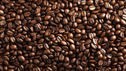 Obraz premium Rich, dark roasted coffee beans fill the frame, creating a warm and inviting texture. The aroma is almost palpable!
