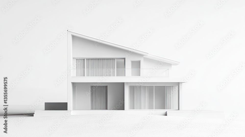 Aufkleber minimalist white architectural model of a modern two-story house with balcony and large windows.