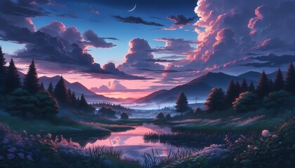 Evening sunset on the forest background, anime background