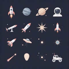 Naklejka premium Space Exploration Icons Set: Rocket, Planet, Astronaut, UFO, Telescope, Star, Rover. Space Vector Icons Collection.
