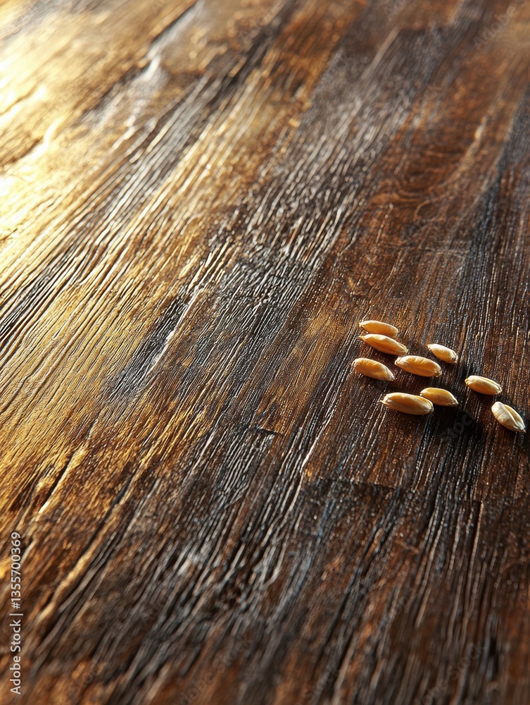 Poster close-up view of golden wheat grains on rustic wooden table with warm reflections and soft lighting 