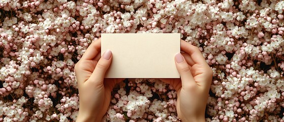 Woman holding a blank card over a bed of small flowers