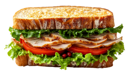 A freshly made turkey sandwich featuring thinly sliced turkey, fresh green lettuce, juicy red tomato slices, and creamy mayonnaise create a delicious and visually stunning composition. PNG file