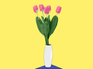 A white vase filled with a beautiful bouquet of pink tulips sits on a blue table. The tulips are arranged in a way that they all face the same direction, creating a sense of harmony.