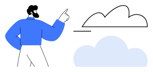 Bearded man pointing at cloud, symbolizing technology, storage, connection, or innovation. Ideal for tech, data management, online solutions cloud computing teamwork progress IT concepts. Minimal