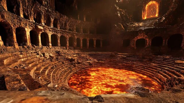 Lava-filled amphitheater in fiery underworld cavern