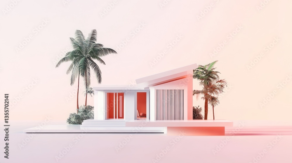 Aufkleber minimalist white house rendering with palm trees, isolated on a soft pink background.