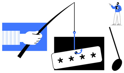 Hand with fishing rod catching password on hook, representing cyber scams. Man points in caution. Ideal for phishing awareness, online threats, cybercrime, data security, fraud prevention, hacking