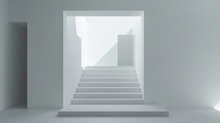 Obraz premium Minimalist white interior with stairs leading to light-filled space.