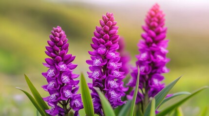 Obraz premium Vibrant pink orchids stand tall, showcasing intricate floral patterns against a soft, blurred background of greenery.