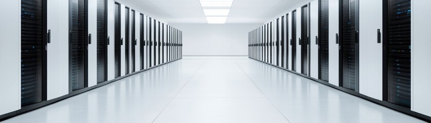 Obraz premium A sleek, modern data center featuring rows of server racks in a bright, minimalist environment.