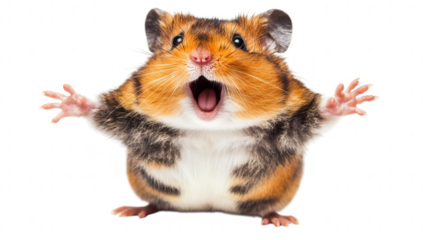 a cheerful hamster with an open mouth and outstretched arms showcasing a playful and lively expression against a white background