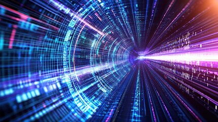 A vibrant, abstract depiction of a digital tunnel, showcasing flowing data patterns and light trails in futuristic colors.