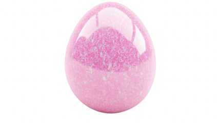 a glossy pink glittery egg that appears smooth and reflective set against a plain white background suggesting a decorative or artistic purpose