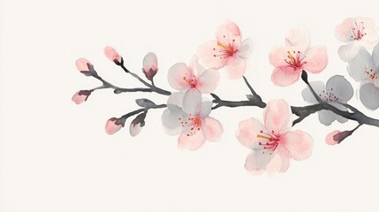 Fototapeta premium A delicate watercolor painting of cherry blossom branches, featuring soft pink and gray flowers against a light background.