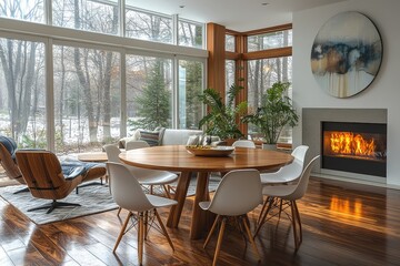 Obraz premium Mid-Century Modern Dining Room with Round Wooden Table, Chairs, and Fireplace