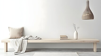 Minimalist Interior Design Featuring a Wooden Bench with Decorative Pillow and Hanging Lamp