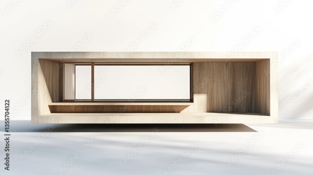 Poster minimalist wooden pavilion with open sides and a built-in bench, set against a white background.