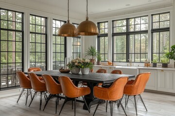 Obraz premium Modern Farmhouse Dining Room with Black Stone Table, Leather Chairs, and Brass Pendant Light