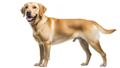 a cheerful golden labrador standing on a white background showcasing its friendly demeanor and well-groomed appearance