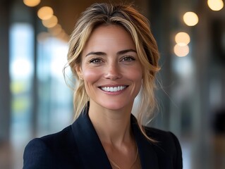 Obraz premium Cheerful business woman smiling in modern office environment