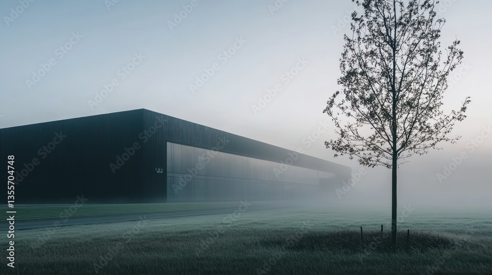 Poster misty morning view of a modern, dark building with a lone tree in the foreground.