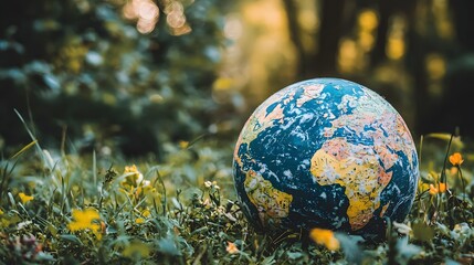 Colorful Globe Representing Earth Surrounded by Vibrant Green Grass and Flowers in Forest Setting