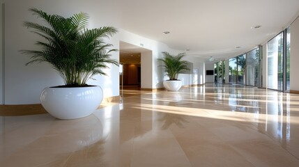 Modern, bright hallway with potted plants (1)