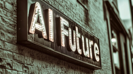 AI Future Sign on Brick Wall in City Scene