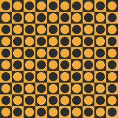Checkered seamless pattern with geometric shapes. Groovy allover print with squares and circles. Colorful vector background in retro style. Vintage hippie aesthetic, 60s, 70s