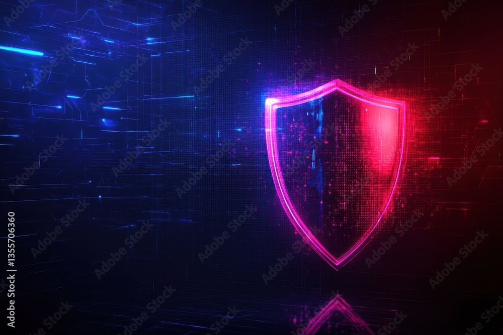 Poster futuristic security concept featuring a glowing shield symbol with neon lights and digital aesthetic