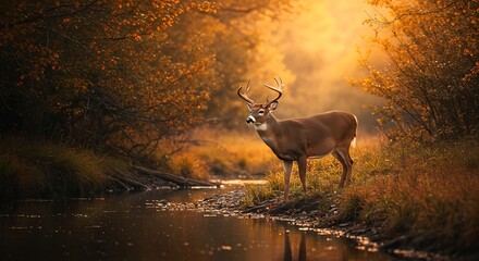 Deer Standing by Riverbank During Autumn with Golden Light Glow