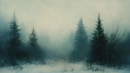 Misty winter forest scene with snow-covered ground and tall evergreen trees.