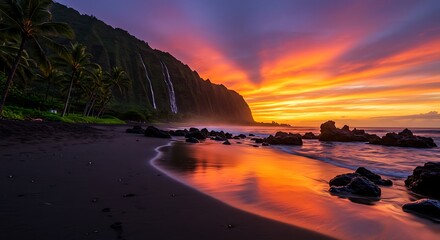 Fototapeta premium Dramatic Sunset on Black Sand Beach with Waterfall and Vivid Colors