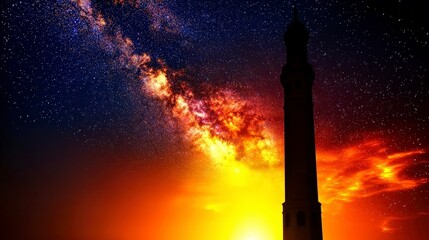 Majestic Minaret Silhouette Against Milky Way Galaxy at Sunset
