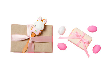 Easter, Spring gifts and pastel eggs, isolated on white, PNG