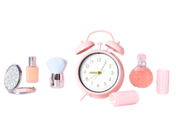PNG, Alarm o’clock, pink alarm clock with cosmetics, isolated on white background