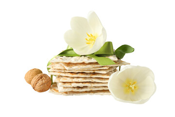 Passover, Matzah with flowers and nuts, isolated on white, PNG