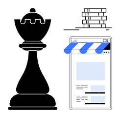 Chess rook, web storefront with awning, and stacked coins highlight strategy, online business, leadership, investment, decision-making, innovation and financial growth. Ideal for flat simple