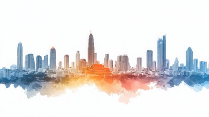 Fototapeta premium Urban Skyline Watercolor Painting with Bright Color Contrast and City Elements