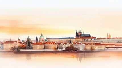 Fototapeta premium Watercolor Painting of Prague Castle Overlooking the Old Town at Sunset