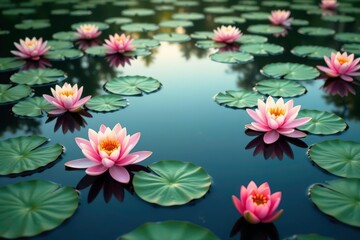 Water lilies forming a repeating pattern across a still lake, growth, repetition